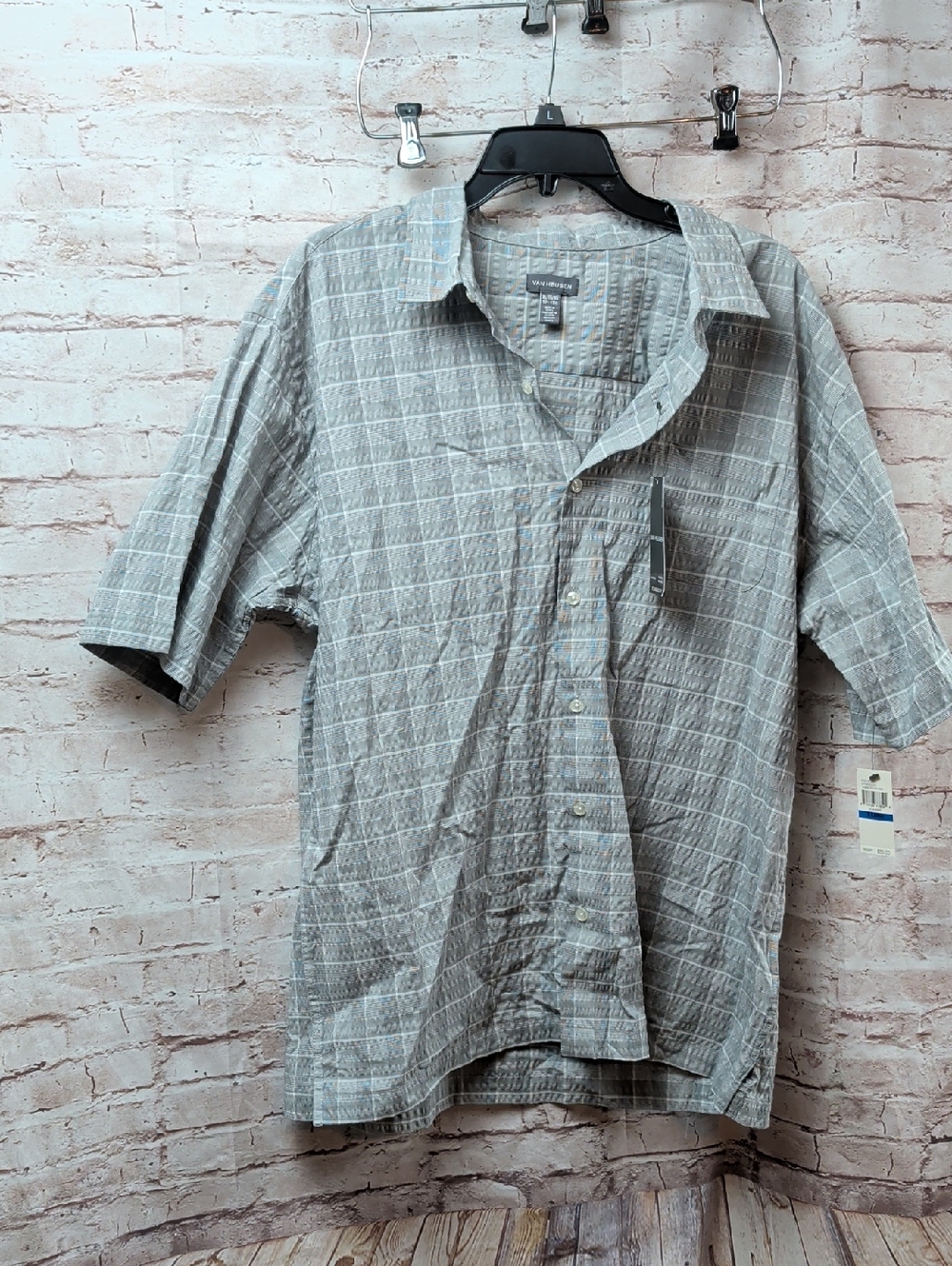 Men's Light Gray Checked Short-Sleeve Shirt Van Heusen XL Nwt
